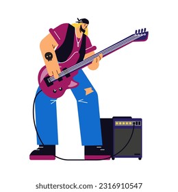 Rock musician playing bass guitar, flat vector illustration isolated on white background. Rock band member performing on stage. Concepts of concerts and music festivals.