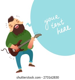 Rock musician playing bass guitar and bubble for text. Background for rock concert poster or other music event. Vector colorful illustration in flat style 