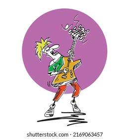 Rock Musician Playing Electric Guitar, Doodle Vector Illustration. For T-shirt Or Poster Design.