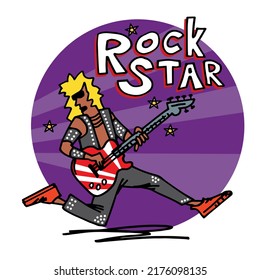 Rock musician playing electric guitar, doodle vector illustration. Rock star. For t-shirt or poster design.
