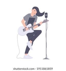 Rock musician playing guitar behind concert microphone, flat vector illustration isolated on white background. Cartoon character of guitarist for concert or music stream.