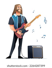 Rock musician playing guitar. Cartoon character illustration