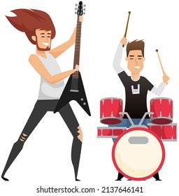 Rock musician playing on electrical guitar cartoon character standing on stage near music speaker with subwoofer. Brutal bearded man musician with rocker instrument greets audience at concert