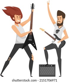 Rock musician playing on electrical guitar cartoon character standing on stage near music speaker with subwoofer. Brutal bearded man musician with rocker instrument greets audience at concert