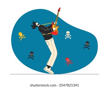 Rock musician playing red guitar and dark clothes, his body is dissolved in music, skull background and symbols representing rebellion and free spirit, rock n' roll vector illustration.