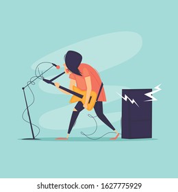 Rock musician plays the guitar and sings. Flat design vector illustration.