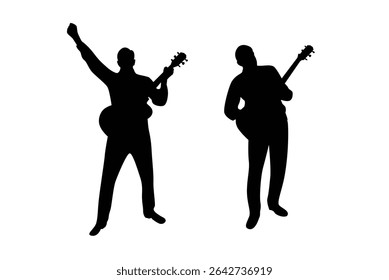 Rock Musician Silhouette with Acoustic Guitar. Art and music people, performing on stage for audience vector art