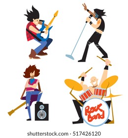 Rock musician. Singer, guitarist, drummer and bassist vector illustration. Funny rock-n-roll musician playing music instrument, singing song set. Brutal rock band member isolated on white background
