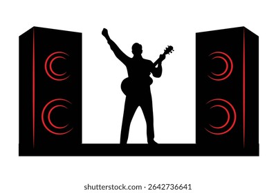 Rock Musician with Speakers on Stage Silhouette Isolated. Art and music people, performing on stage for audience vector art