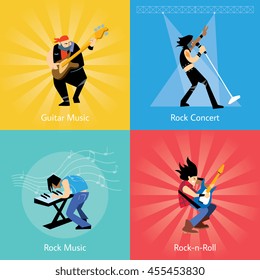 Rock musician. Vector talented musician play rock-n-roll music on instrument singing song give concert isolated on colorful background. Rock keyboardist, guitarist, singer performer set illustration
