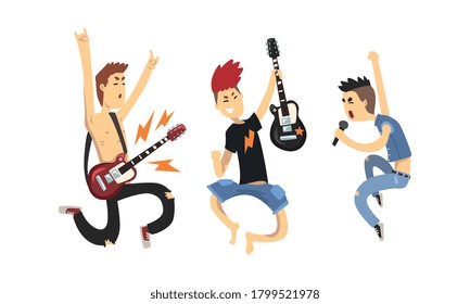 Juego de personajes de música rock, miembros de banda musical tocando guitarra y cantando con micrófono Estilo de dibujos animados Ilustración vectorial