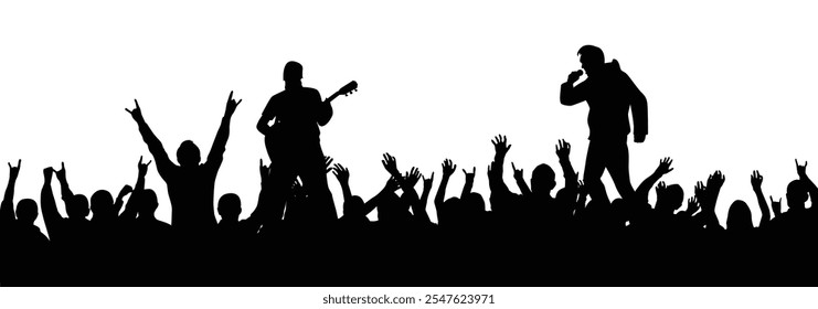 Músicos de Rock y multitud de fans en Concert Silhouettes. Industria del entretenimiento, arte y actividad de ocio Arte vectorial