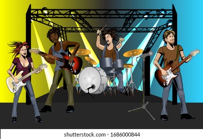 Rock Musicians - Detailed Characters and Realistic Instruments - Handdrawn Ink Comic Book Style - Fictional, Posable Vector Characters to Customize for Your Design