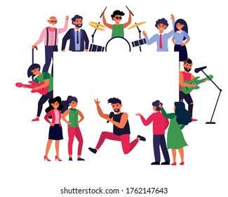 Rock musicians and fans around empty banner. Rockers playing instrument, concert flat vector illustration. Show, entertainment, announcement concept for banner, website design or landing web page