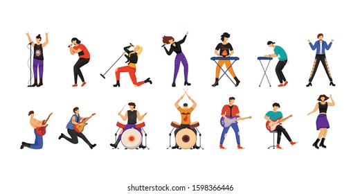 Rock musicians flat vector illustrations set. Music band members. Guitarists, drummers, lead vocalists, keyboardists. People playing musical instruments. Isolated cartoon characters