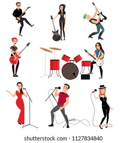 Rock musicians with guitars drum sets with colored hair decided to burn