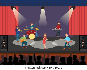 Rock musicians on stage playing impressive music. Concert scene with pop or rock band .  Vector 