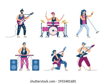 Rock musicians playing musical instruments, flat vector illustration isolated.