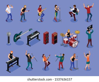 Rock musicians Set isometric icons on isolated background