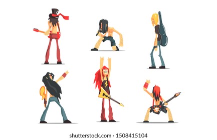 Rock Musicians Set, Male Rockers Performing on Stage Vector Illustration