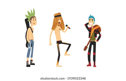 Rock Musicians Set, Rock Stars Characters, Male Singer and Guitarists with Musical Instruments Cartoon Vector Illustration