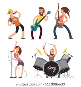 Rock Musicians And Singers Isolated On White Background. Music Band Performance, Young Guitarist Artist, Vector Illustration