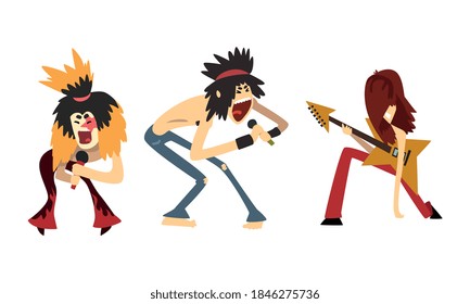 Rock Musicians, Rock Stars Characters Playing Electric Guitars and Singing, Rock Band Performing on Festival Cartoon Style Vector Illustration