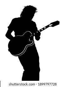 Rock musicians whit guitar on stage. Isolated silhouettes on a white background