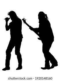 Rock musicians whit guitar on stage. Isolated silhouettes on a white background