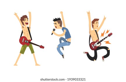 Rock MusiciansCharacters Set, Rock Singer and Guitarists with Musical Instruments Cartoon Vector Illustration