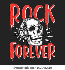 Rock musictypography, skull illustration, tee shirt graphics, vectors, hand drawn artwork