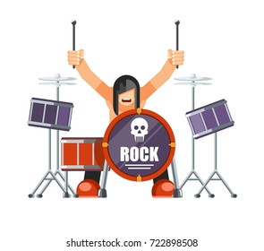 Rock musitian with long hair plays drums with special sticks