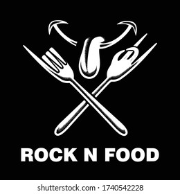 Rock n food con una bifurcación cruzada e inspiración de diseño de sonrisa, elemento de diseño para el logotipo, afiche, tarjeta, pancarta, emblema, camiseta. Ilustración del vector