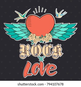 "Rock n Love" poster for Valentine's Day with old school elements. Editable vector illustration