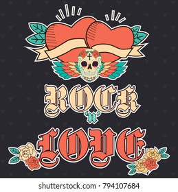 "Rock n Love" poster for Valentine's Day with old school elements. Editable vector illustration