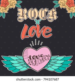 "Rock n Love" poster for Valentine's Day with old school elements. Editable vector illustration