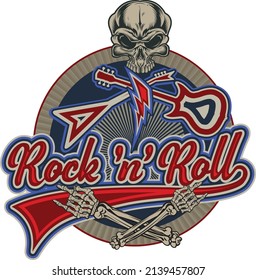 Rock 'n' roll - banner, logo, emblem, label or design element. Creative lettering with an electric guitar. 