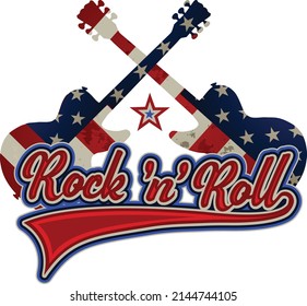 Rock 'n' roll - banner, logo, emblem, label or design element. Creative lettering with an electric guitar. 