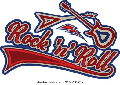 Rock 'n' roll - banner, logo, emblem, label or design element. Creative lettering with an electric guitar. 