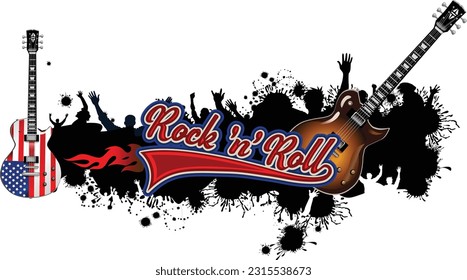 Rock 'n' roll - banner, logo, emblem, label or design element. Creative lettering with an electric guitar. 