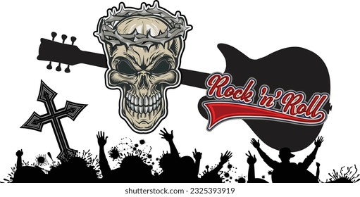Rock 'n' roll - banner, logo, emblem, label or design element. Creative lettering with an electric guitar and skull. 