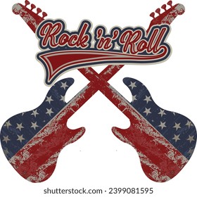 Rock 'n' roll - banner, logo, emblem, label or design element. Creative lettering with an electric guitar. 