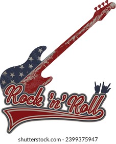 Rock 'n' roll - banner, logo, emblem, label or design element. Creative lettering with an electric guitar. 