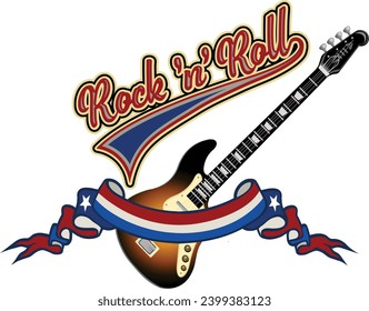 Rock 'n' roll - banner, logo, emblem, label or design element. Creative lettering with an electric guitar. 
