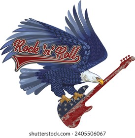 Rock 'n' roll - banner, logo, emblem, label or design element. Creative lettering with eagle and electric guitar. 