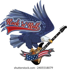 Rock 'n' roll - banner, logo, emblem, label or design element. Creative lettering with eagle and electric guitar. 
