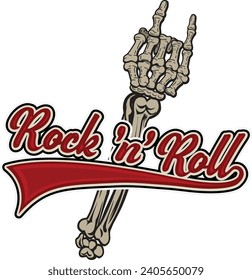 Rock 'n' roll - banner, logo, emblem, label or design element. Creative lettering with skeleton hand. 