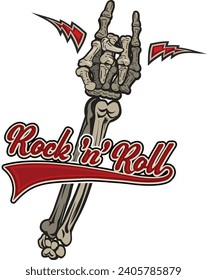 Rock 'n' roll - banner, logo, emblem, label or design element. Creative lettering with skeleton hand. 