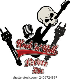 Rock 'n' roll - banner, logo, emblem, label or design element. Creative lettering with skeleton hand. 