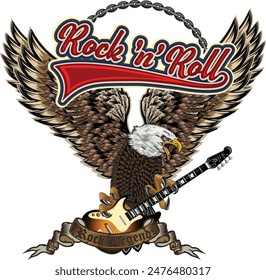 Rock 'n' roll - banner, logo, emblem, label or design element. Creative lettering with eagle and electric guitar. 
